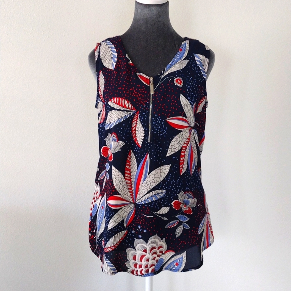 Roz Ali Floral Tank Top Zip V Neck Sleeveless Blouse Red White Blue Medium - Picture 2 of 9